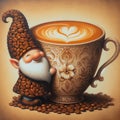 gnome wearing a cap made of coffee beans holding a large mug Royalty Free Stock Photo