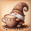 gnome wearing a cap made of coffee beans holding a large mug Royalty Free Stock Photo