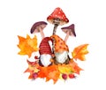 Gnomes with autumn leaves, mushrooms. Two dwarves on bunch of maple leaf. Watercolor seasonal design