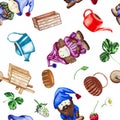 Gnomes, baskets, carts, victoria with leaves and watering cans. Watercolor drawing of a seamless pattern on a white