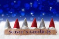 Gnomes, Blue Background, Bokeh, Stars, Text Seasons Greetings Royalty Free Stock Photo