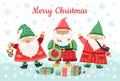 Gnomes christmas characters. Funny dwarfs, smiling men on snow background. Nordic season background, winter greetings