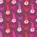 Cute Valentines day seamless pattern with gnomes in brown, gray and pink and heart with arrows on plush pink background.