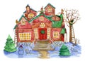 Gnomes decorating house with Christmas lights outdoors. Snowy house, fir-trees, snowman in Christmas holiday season. Royalty Free Stock Photo