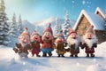 Gnomes dressed in festive attire singing Christmas carols around a snowy village