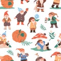 Gnomes, dwarfs pattern. Seamless fairytale background with cute happy garden elfs, pumpkins, mushrooms. Endless texture