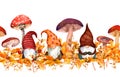 Gnomes in fall with mushrooms in autumn grass. Watercolor seasonal plants, family of scandinavian dwarves. Seamless