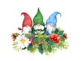 Gnomes family in Christmas bouquet - winter flowers, spruce branches, pine tree twigs, xmas mistletoe. Watercolor