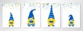 Gnomes Family holding hearts in Ukrainian flag colors. Banners set with blue yellow confetti on four white sheets. Vector