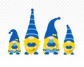 Gnomes Family holding hearts in Ukrainian flag colors on transparent background. Vector illustration