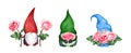 Gnomes family with pink roses. Watercolor set with bouquet of flowers. Beautiful design for Mothers day, anniversary