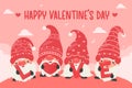 Gnomes hold the letters "LOVE" on a pink sky background. For greeting cards on Valentine's Day
