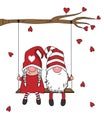 Gnomes in love card. Gnome couple sitting on a swing.