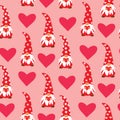 Cute Valentines day gnome seamless pattern with hearts on light red background Royalty Free Stock Photo