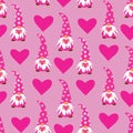 Cute Valentines day pink gnome seamless pattern with hearts on plush pink background. Royalty Free Stock Photo