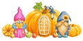 Gnomes with pumpkin and apples on background of country pumpkin house with flashlight. Thanksgiving or Harvest Day card design. Royalty Free Stock Photo