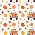 Gnomes in red truck, autumn vegetables, leaves. Vector seamless pattern Royalty Free Stock Photo