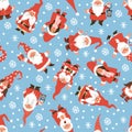 Gnomes seamless pattern. Christmas dwarfs in red white costumes, xmas holiday decor winter elements, decor textile