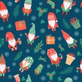 Gnomes seamless pattern. Funny christmas dwarfs and gifts, winter festive print children textile, wrapping paper