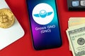 Gnosis GNO coin symbol. Trade with cryptocurrency, digital and virtual money, banking with mobile phone concept