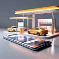 On-the-Go Auto Care: 3D Render Illustrating the Concept of Mobile Car Service, Service Station, and Parking Displayed on a Mobile
