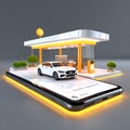 On-the-Go Auto Care: 3D Render Illustrating the Concept of Mobile Car Service, Service Station, and Parking Displayed on a Mobile