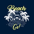 Go beach hand written lettering with palms, waves, surfcar. Royalty Free Stock Photo