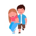 Go boy and girl go beside on arm. Friend hugs. Child friendship love