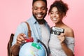 Go on bus tour. Happy couple preparing for journey Royalty Free Stock Photo