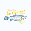 Go Fishing Golden Trout. Abstract Vector Sign, Symbol or Logo Template. Hand Drawn Trout Fish with Classy Retro