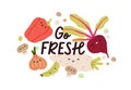 Go fresh, vegetables sticker. Eco veggies, healthy vitamin food characters and vegan phrase. Organic natural eating