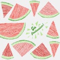 'Go Fruitarian!' card. Colorful postcard with scratched watermelon slices.