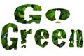 `Go Green` bold text filled in with green leaf coastal plants blossoming white flowers