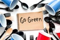 Go green. Eco concept and injunction on the use of plastic flatware on white background top view