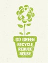 Go Green Recycle Reduce Reuse Eco Poster Concept. Vector Creative Organic Illustration On Rough Background