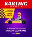 Go kart race background poster. Karting race car cartoon helmet driver sport backgorund Royalty Free Stock Photo