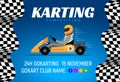 Go kart race background poster. Karting race car cartoon helmet driver sport backgorund