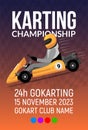 Go kart race background poster. Karting race car cartoon helmet driver sport backgorund