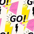 GO! Pattern with motivate phrase and gold flash on pink triangle. Pop-art poster. Vector concept Royalty Free Stock Photo