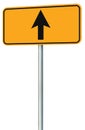 Go straight ahead route road sign, yellow isolated roadside traffic signage, this way only direction pointer perspective Royalty Free Stock Photo