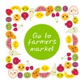 Go to farmers market. Card banner design square frame Kawaii strawberry, orange banana cherry, lime lemon kiwi, plums, apples,