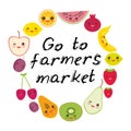 Go to farmers market. Card banner template, round frame Kawaii strawberry, orange, banana cherry lime lemon, kiwi plums apples,