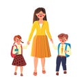 Go To School, Woman Lead Pupil Boy And Girl Vector