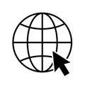 Go to website icon with globe and mouse. Click to visit to internet, browse webpage. World wide pictogram. editable stroke. vector
