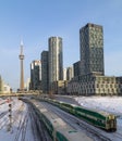 GO Trains in downtown Toronto during the winter