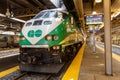 GO Transit Go Train arriving at Union Station platform.