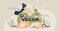 Go vegan as green and raw food eating for healthy diet tiny person concept