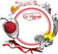 Go vegan round background with vegetables.