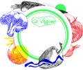 Go vegan round background with vegetables.