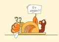 Go vegan symbol illustration. Thanksgiving turkey on holiday dish with protest text
